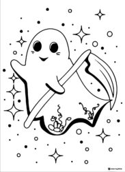 Happy Ghost with Scythe and Stars Coloring Page