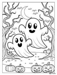 Happy Ghosts Pumpkins and Bats Coloring Page