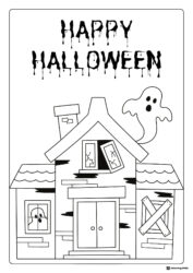 Happy Halloween Coloring Page with Ghost and House