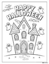 Happy Halloween Coloring Page with Haunted House and Ghosts