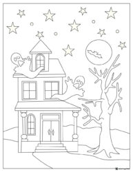 Haunted House Coloring Page with Ghosts and Moon