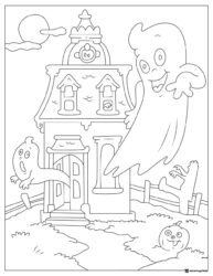 Haunted House Coloring Page with Ghosts and Pumpkin