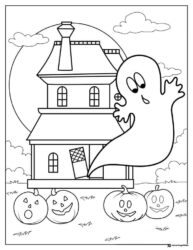 Haunted house and ghost with pumpkins coloring page