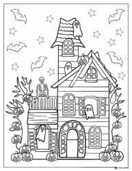Haunted house with ghosts and pumpkins coloring page
