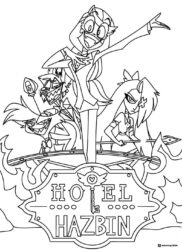 Hazbin Hotel Group Coloring Page with logo