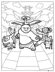 Kung Fu Panda characters in front of temple coloring page