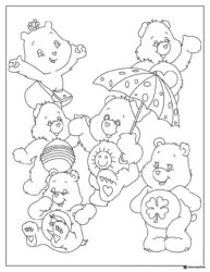 Many Care Bears Coloring Page with Umbrella and Clover