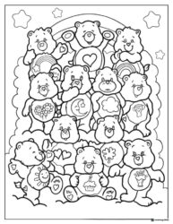 Many Care Bears Coloring Page with clouds and a rainbow