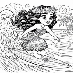 Moana Surfing with Flower Crown Coloring Page