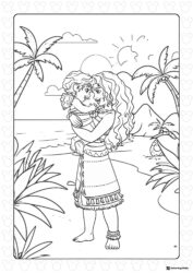 Moana and Baby on Beach Coloring Page