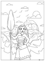 Moana with Paddle and Waves Coloring Page