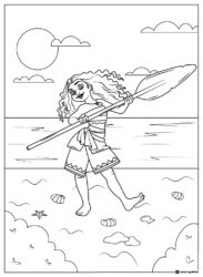 Moana with Paddle on Beach Coloring Page