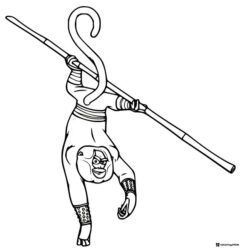 Monkey hanging with staff coloring page