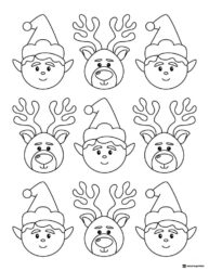 Nine Elf and Reindeer Faces Coloring Sheet
