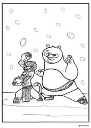 Po and Tigress fighting in snow coloring page