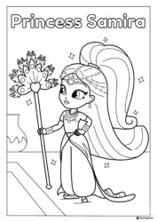 Princess Samira holding a peacock fan coloring page