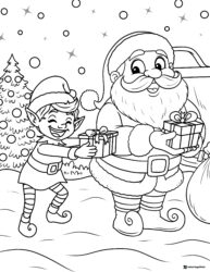 Santa Claus and elf coloring page exchanging gifts