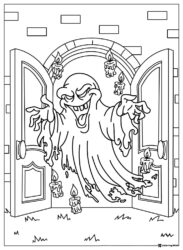 Scary Ghost Coloring Page Emerging from Doors with Candles