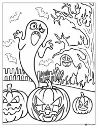 Scary Ghost Coloring Page with Pumpkins and Bats
