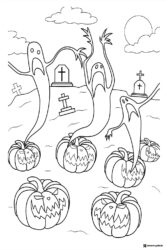 Scary ghosts rising from pumpkins in graveyard coloring page