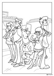 Scooby Doo and gang standing by the Mystery Machine