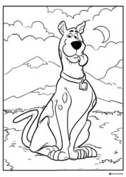 Scooby Doo sitting in mountains coloring sheet