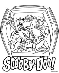 Scooby and Shaggy eating in Mystery Machine Coloring Page