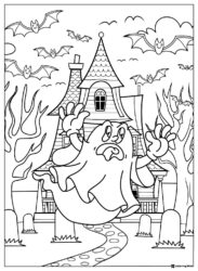 Screaming Ghost in Front of Haunted House Coloring Sheet