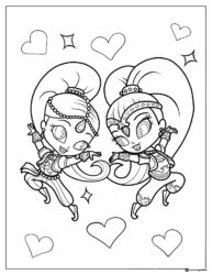 Shimmer and Shine dancing with hearts coloring page