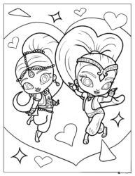 Shimmer and Shine flying with hearts coloring page