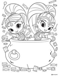Shimmer and Shine in a cauldron with candies coloring page