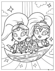 Shimmer and Shine with pets in a magical boat Coloring Page