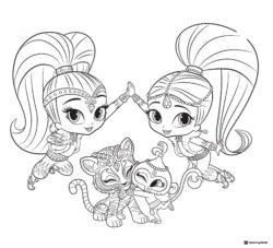 Shimmer and Shine with tiger and monkey coloring page