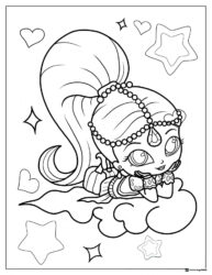 Shimmer floating on a cloud with stars coloring page