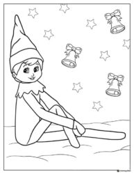 Sitting Elf Coloring Page with Stars and Bells