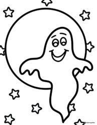 Smiling Ghost with Moon and Stars Coloring Sheet
