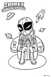 Spidey Amazing Friends Coloring Page with chibi Spidey in space