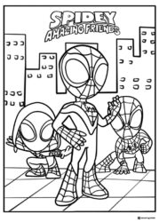 Spidey Amazing Friends Coloring Page with three chibi heroes