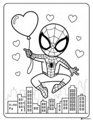 Spidey with Heart Balloon Over City Coloring