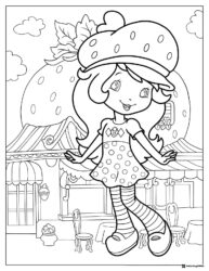 Strawberry Shortcake coloring page in front of a house