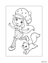 Strawberry Shortcake coloring page running with a fox