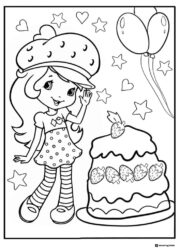 Strawberry Shortcake coloring page with cake and balloons