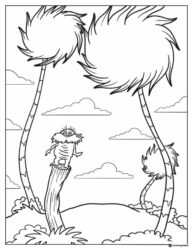 The Lorax on a stump with Truffula Trees coloring page