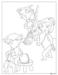 Three Elves Coloring Page Doing Chores