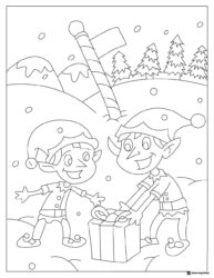Two Elves Coloring Page with a Gift and Pole