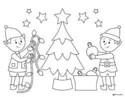Two Elves Decorating a Christmas Tree Coloring Page