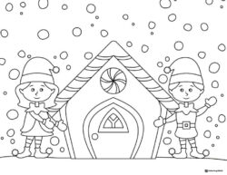 Two Elves Outside a Gingerbread House Coloring Page