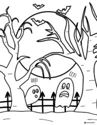 Two Ghosts Coloring Page with Boo and Bare Trees