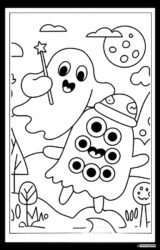 Two Ghosts Coloring Page with Magic Wand and Moon