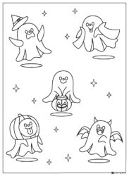 Various cute ghosts and a devil ghost coloring page